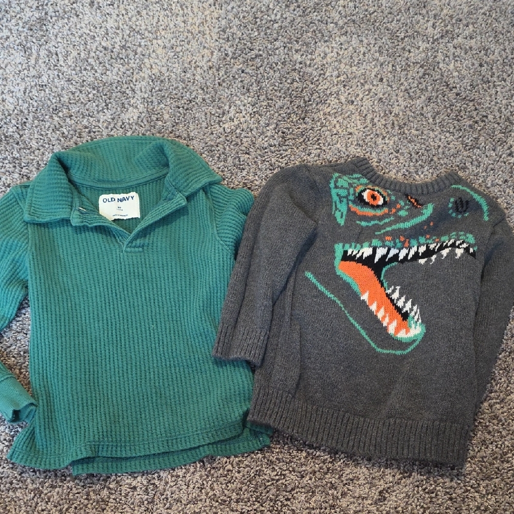 2T Old Navy Teal Polo Shirt & Charcoal Dinosaur Sweater